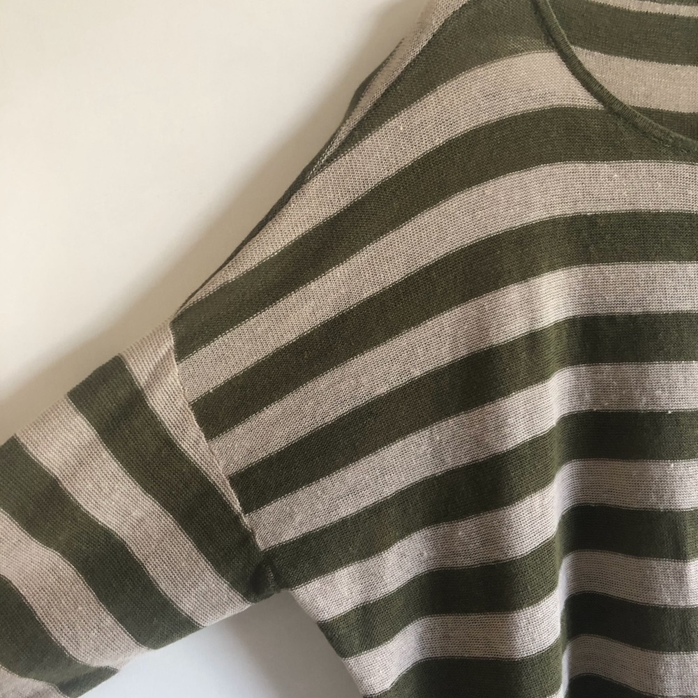 Eileen Fisher Olive Green and Cream Organic Linen Striped Lightweight Sweater - Picture 4 of 7